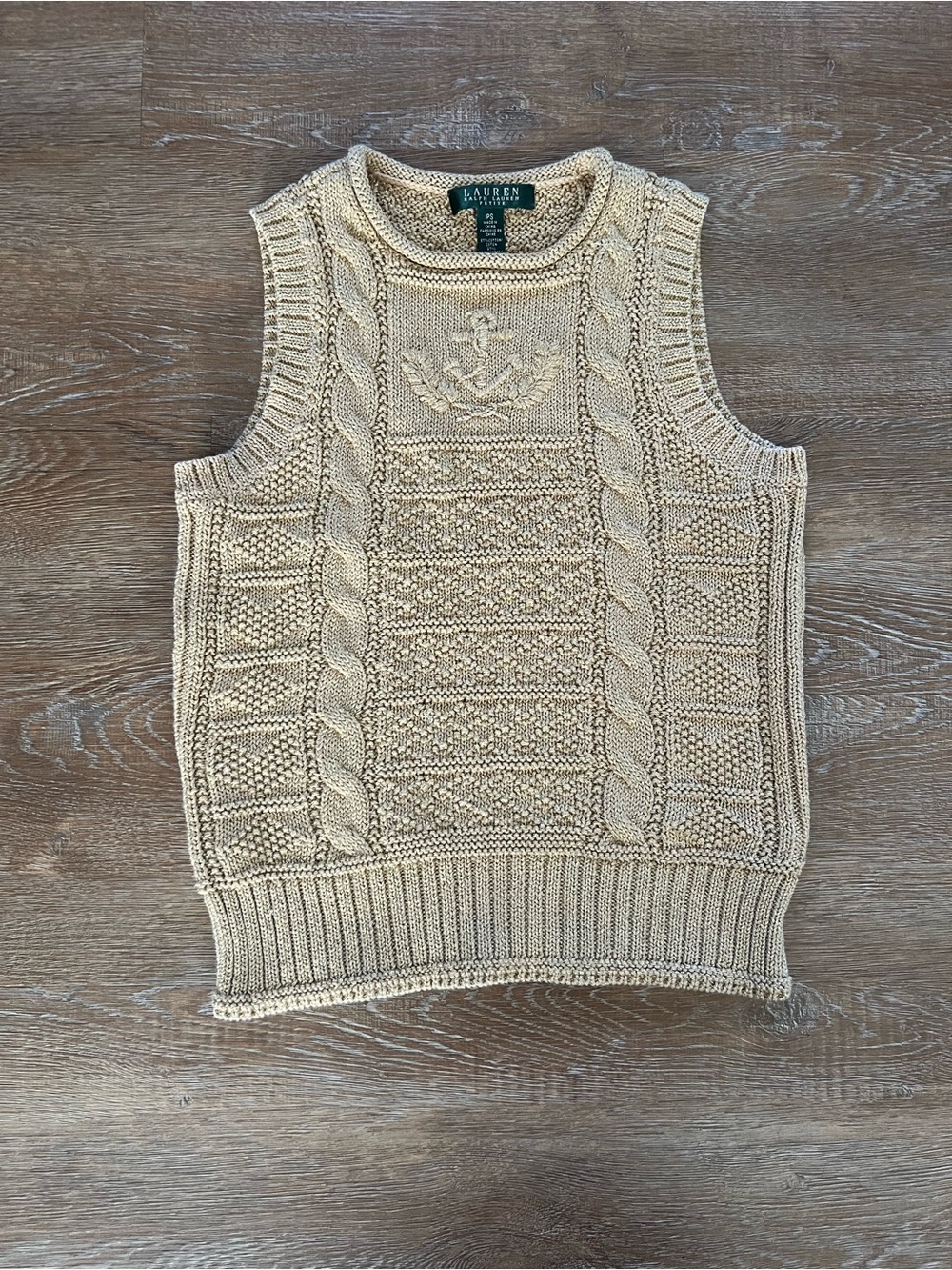 Lauren Ralph Lauren Metallic Gold Cable Knit Crest Sweater Vest | Petite S